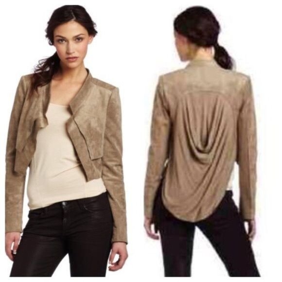 BCBG Maxazria Norton Crop Jacket Faux Suede Small Khaki Stretch $198 6756 NWT - Picture 2 of 14